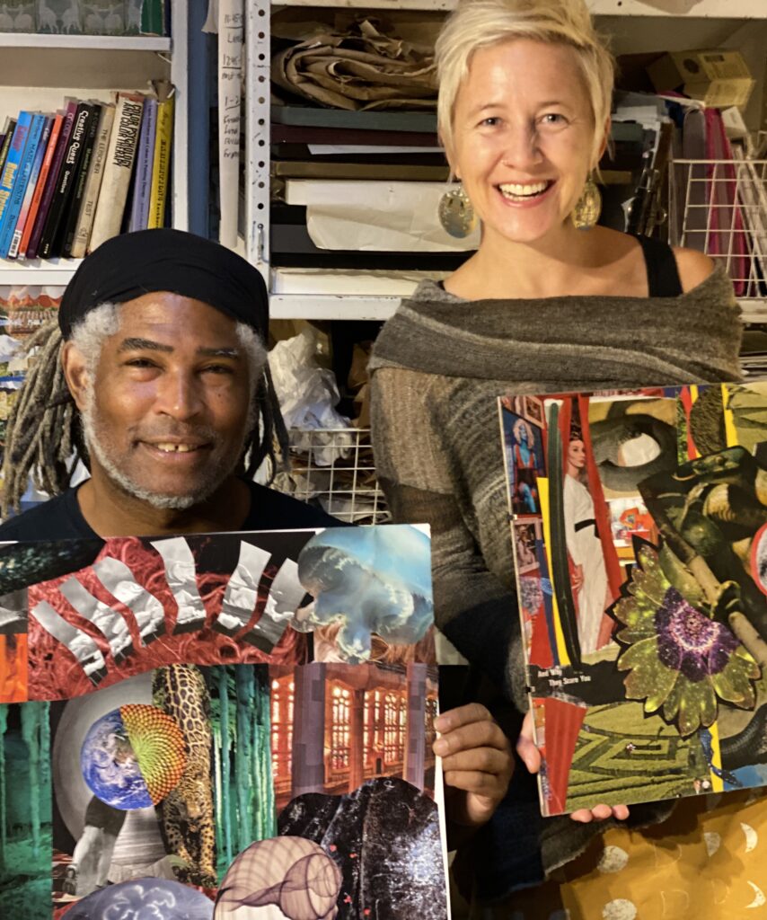 Two adult participants of a collage workshop each showing their creations.