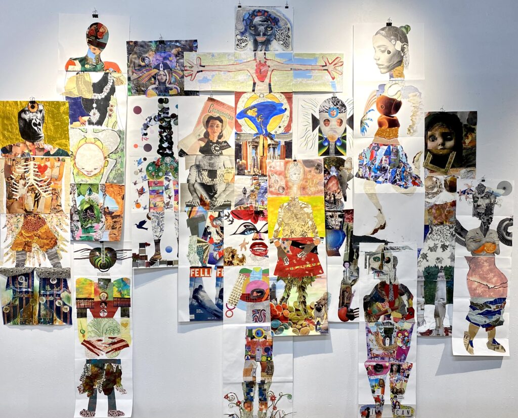 Grouping of 13 figures, each the results of 4-5 artists’ collages.