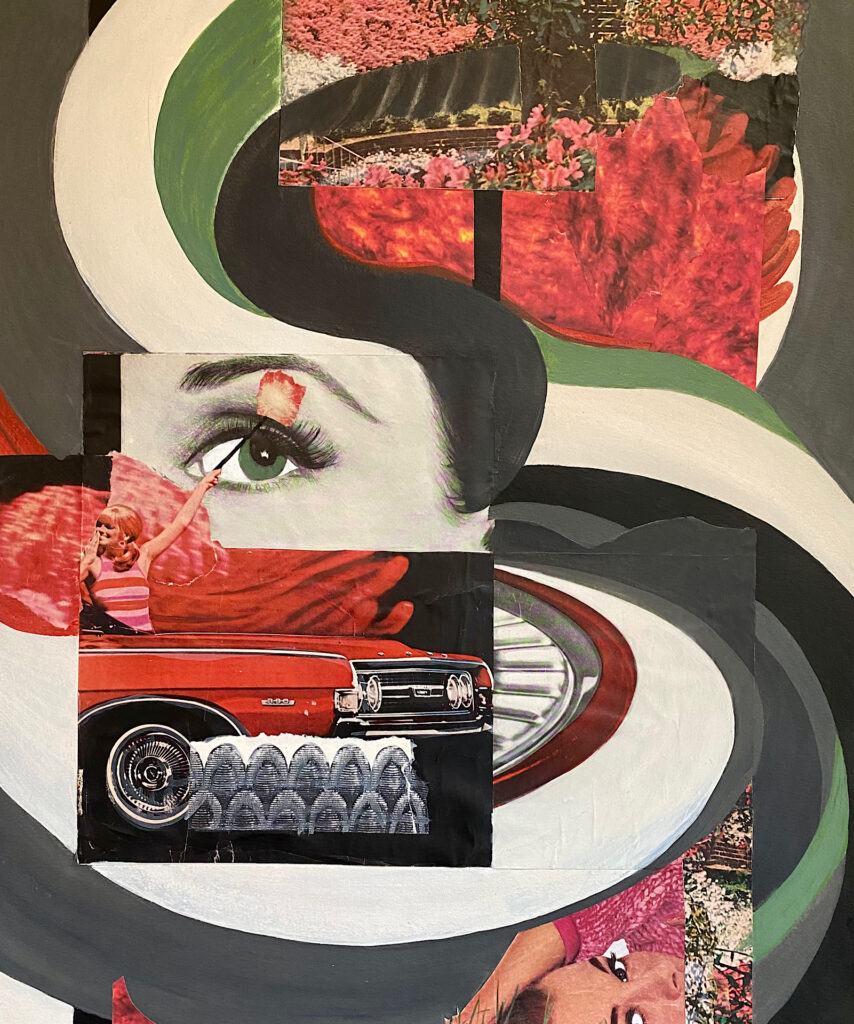 Mixed media analog collage of vintage images of women and a car and flower beds within a big S-curve.