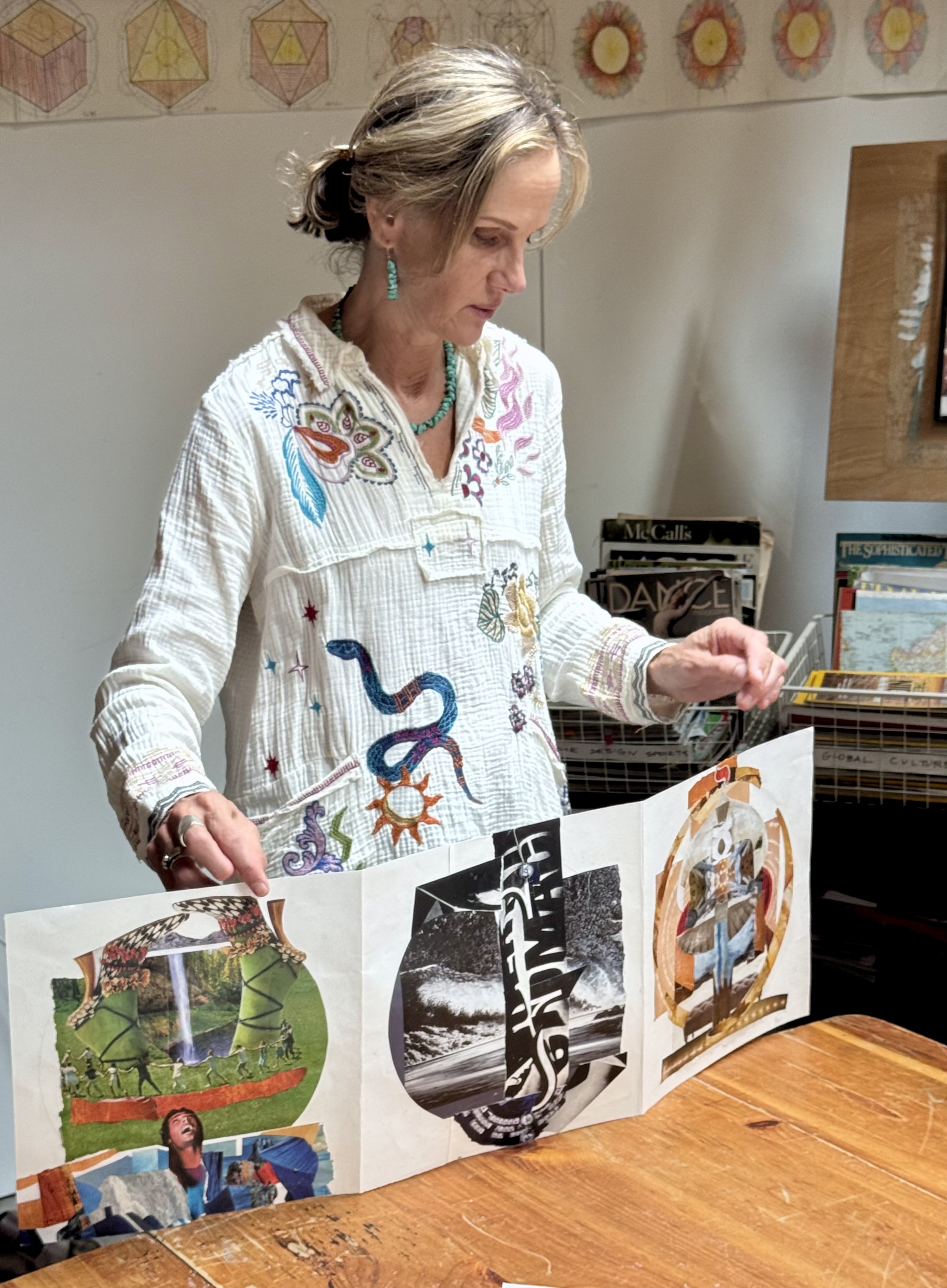 Instructor MJ C Davison presenting a triptych of collages symbolically coinciding with 3 stages of a Heroine's Journey.