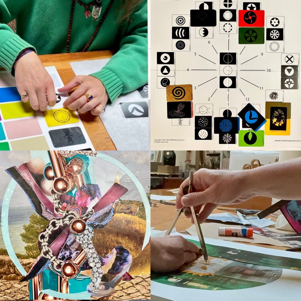 Client creating a MARI, above, and Collage Mandala below.