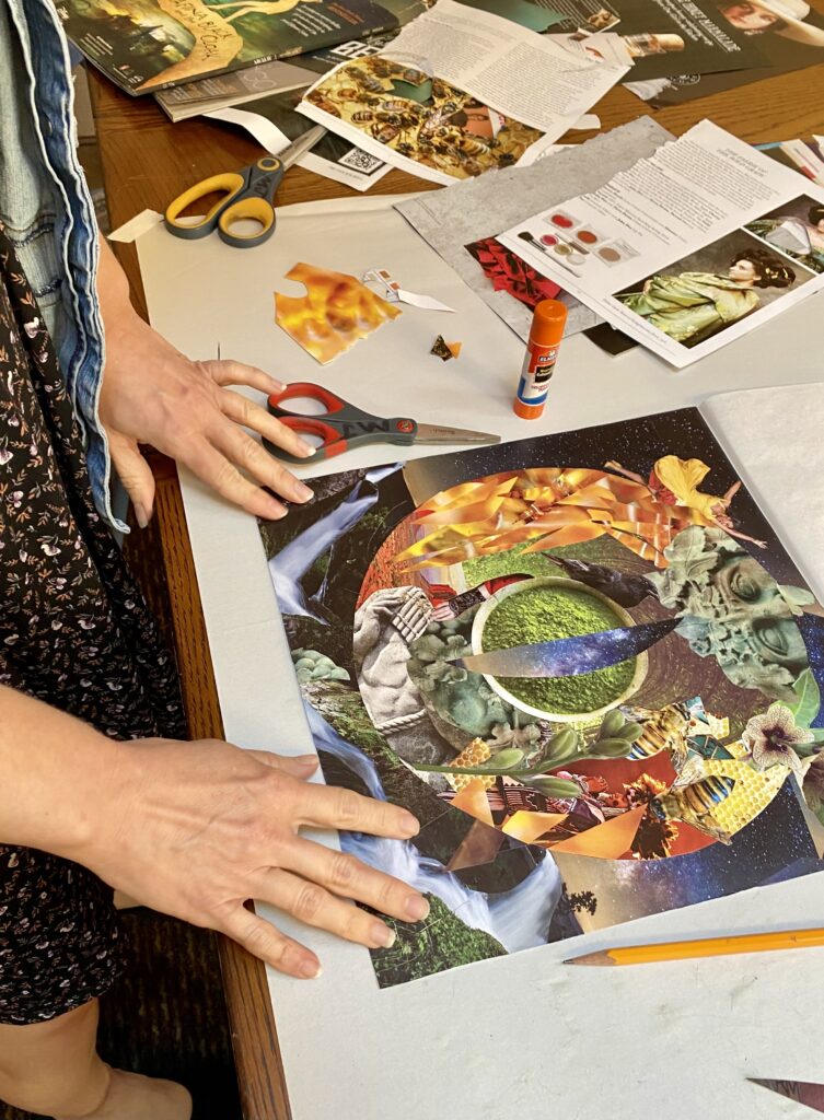 View from above of a particpant's finished collage mandala.